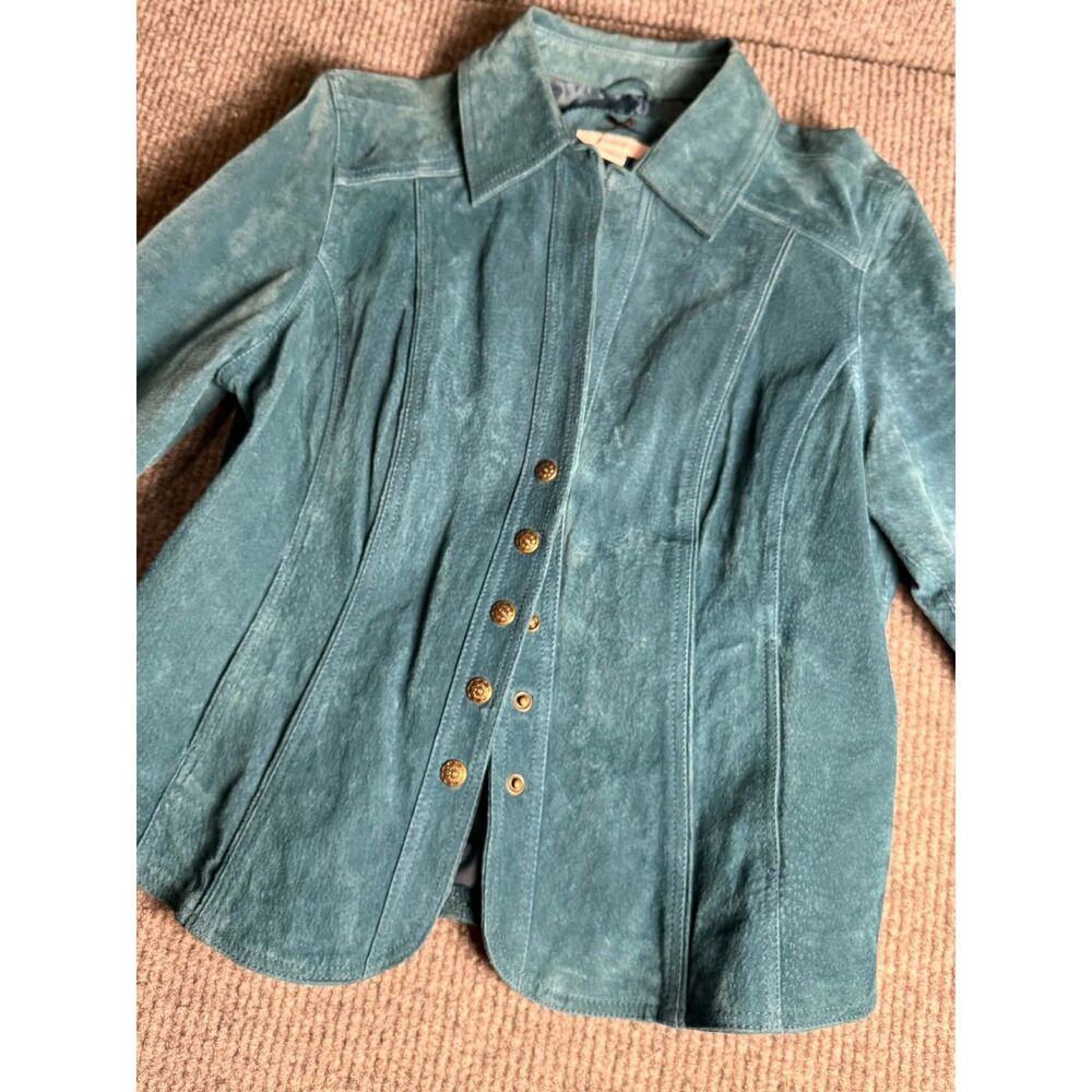Vintage Dressbarn Teal Suede Leather Jacket - Size Large - Picture 2 of 10